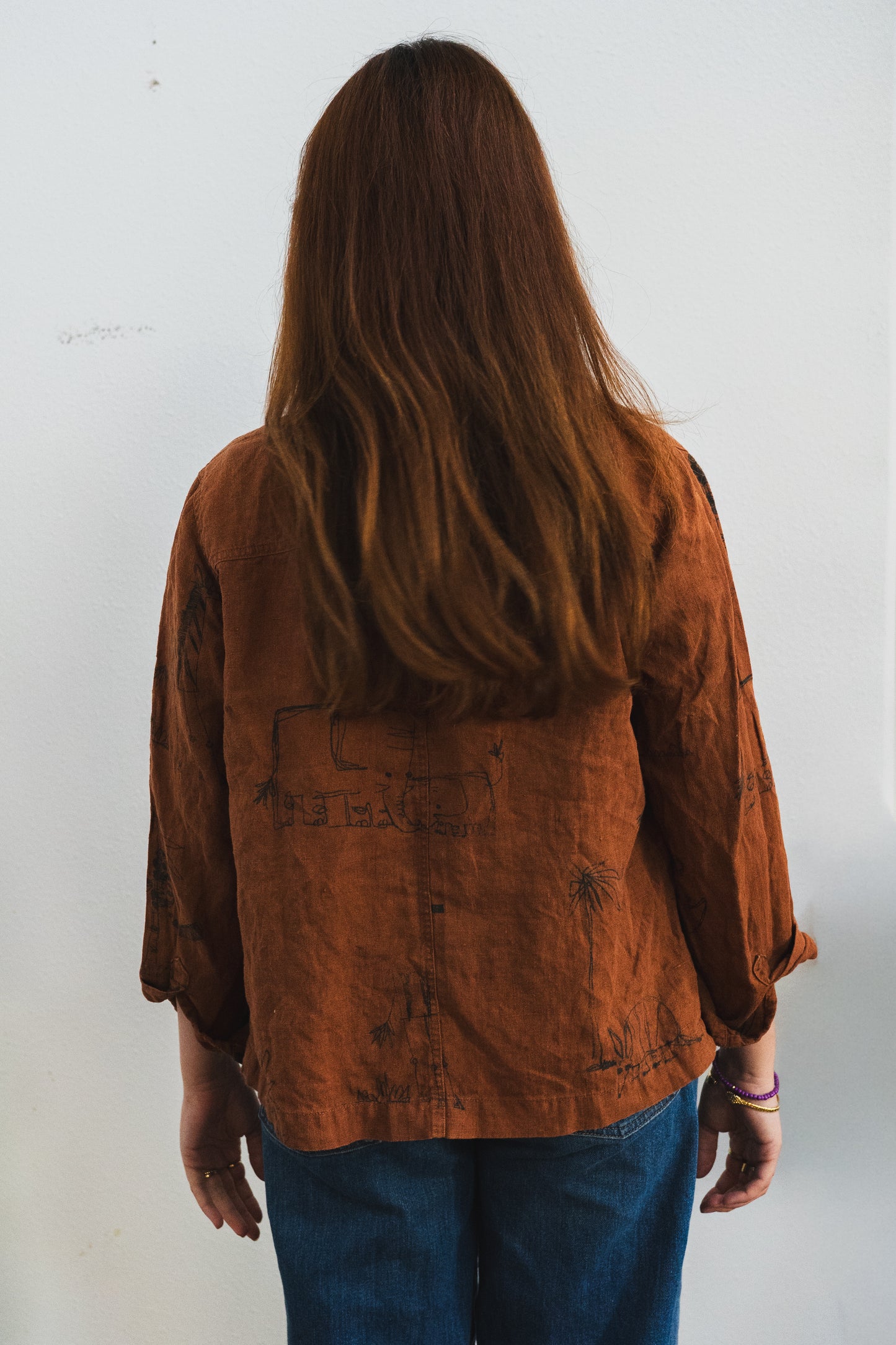 Vintage Rust Linen Animal Sketch Shirt