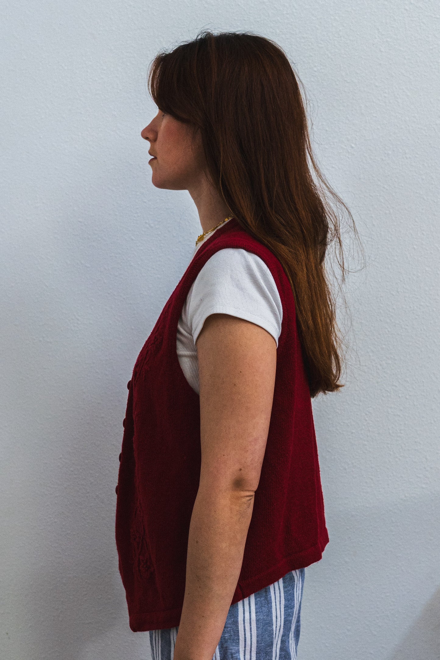 Vintage Red Embroidered Cotton Ramie Vest