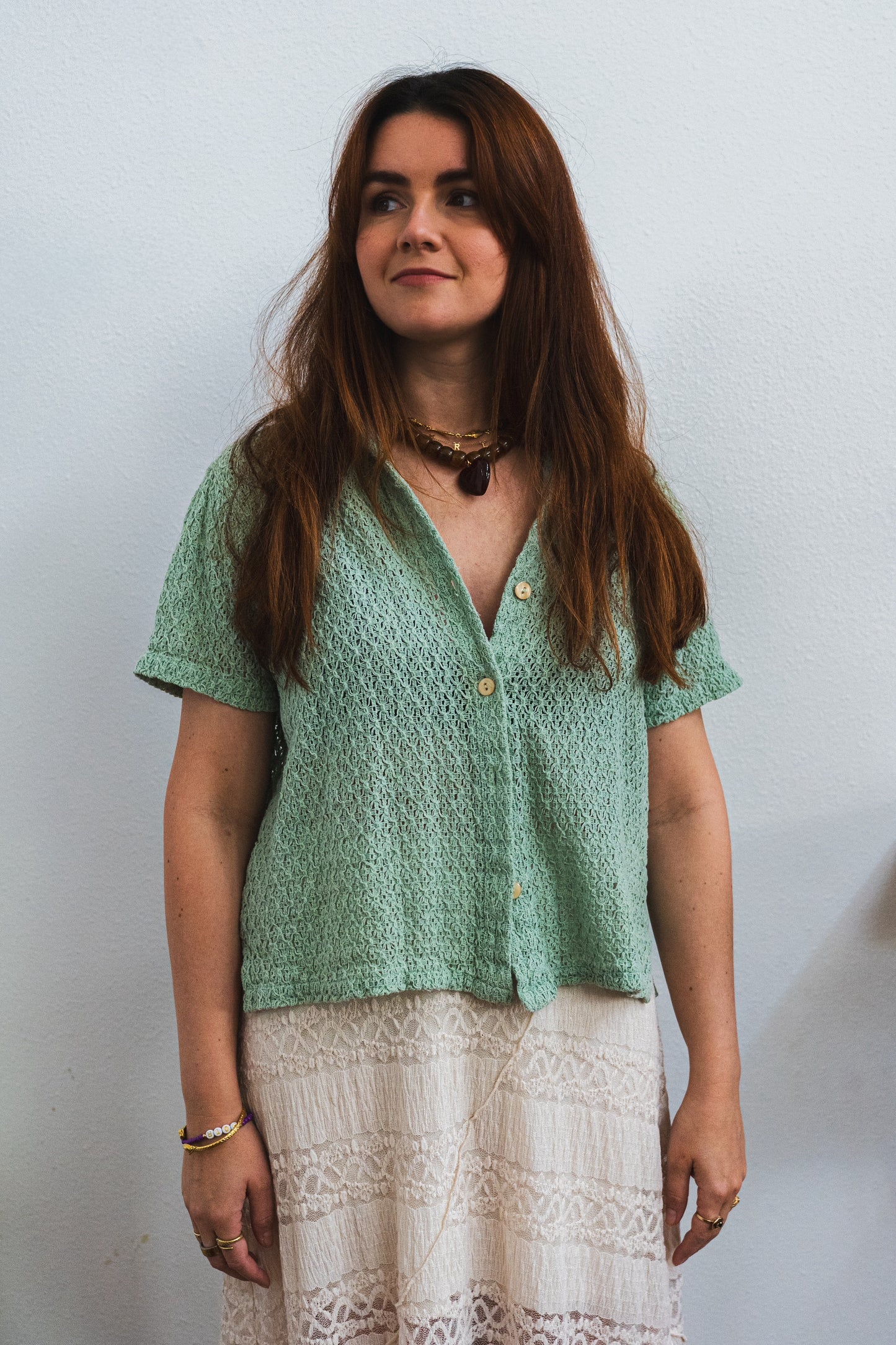 Vintage Mint Textured Knit Cotton Shirt