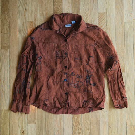 Vintage Rust Linen Animal Sketch Shirt