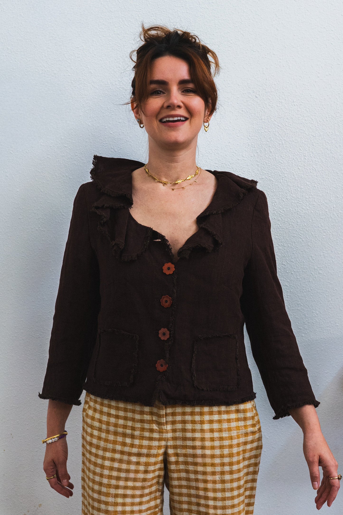 Chocolate Linen Ruffle Collar Jacket