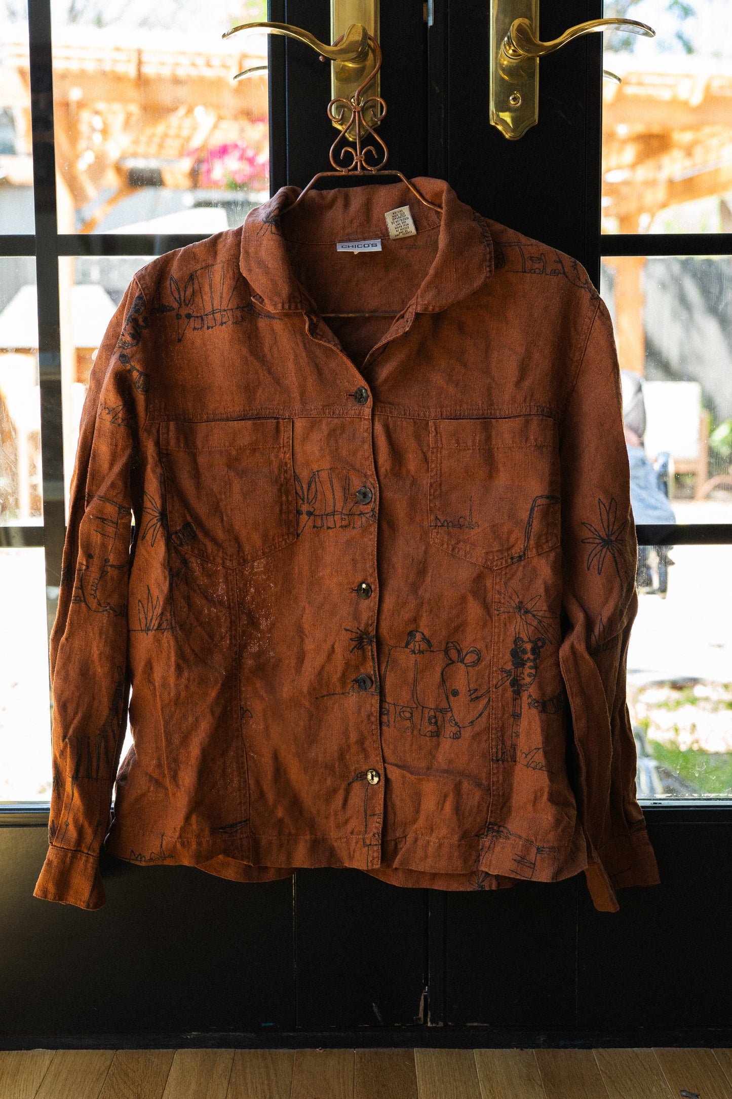 Vintage Rust Linen Animal Sketch Shirt