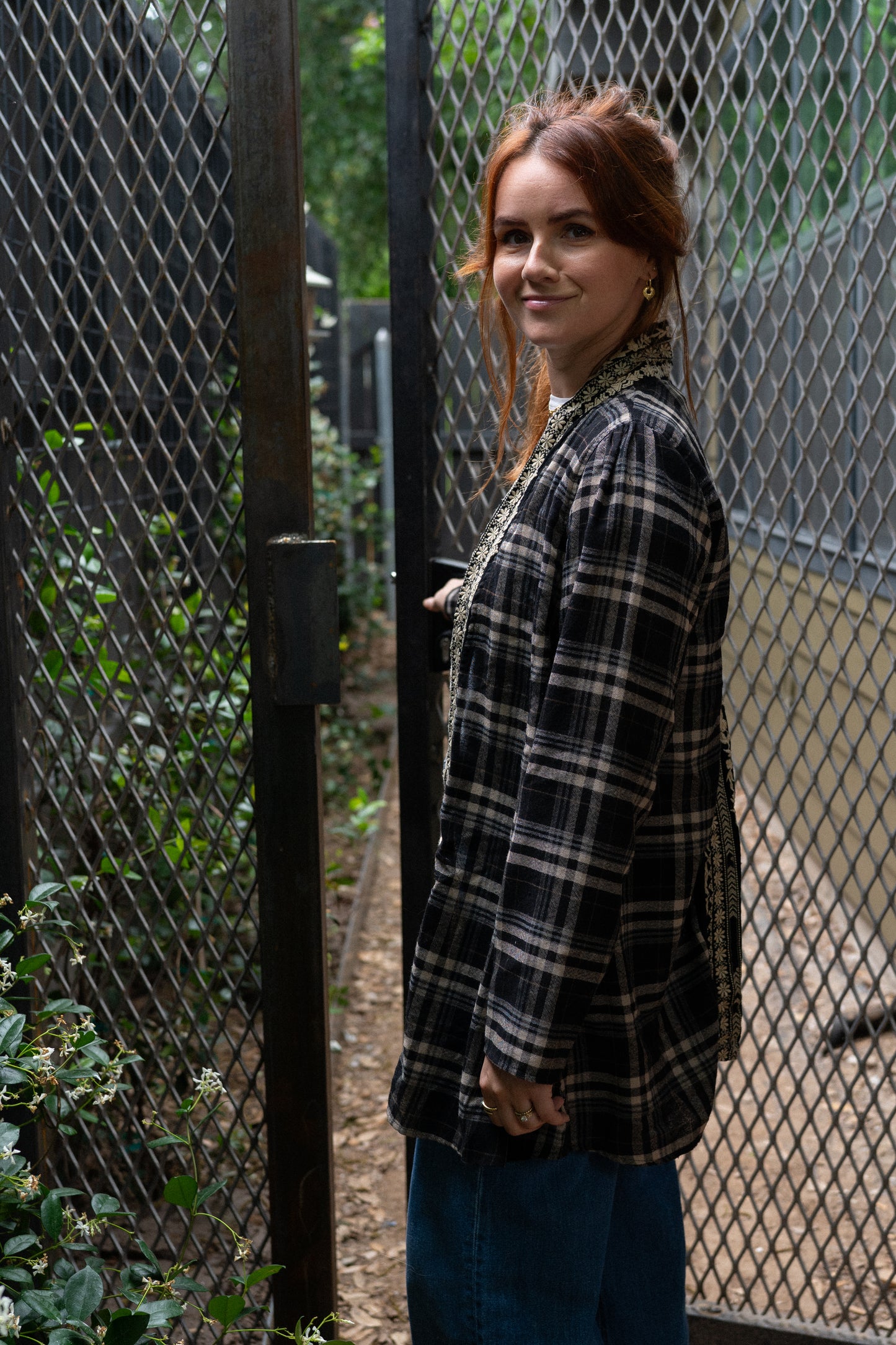 Vintage Plaid Cotton Shirt with Embroidered Back Panel