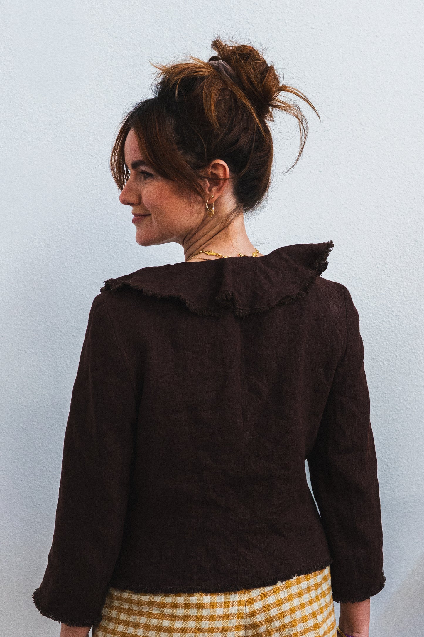 Chocolate Linen Ruffle Collar Jacket