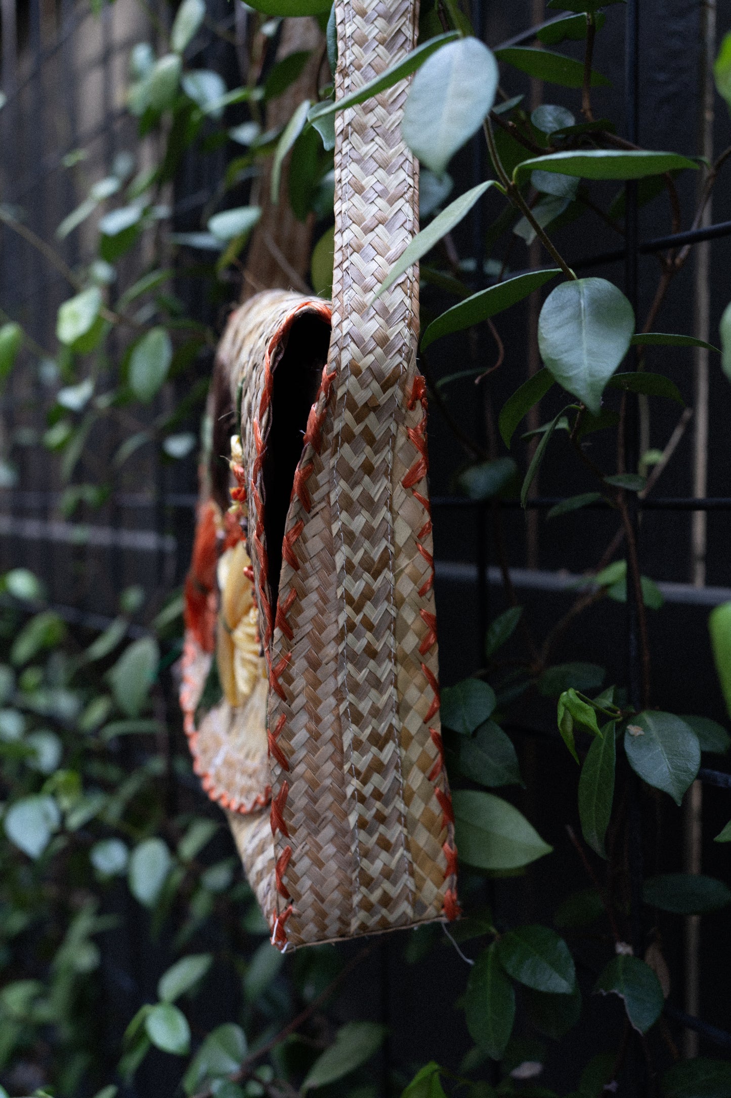 Embroidered Woven Straw Shoulder Bag