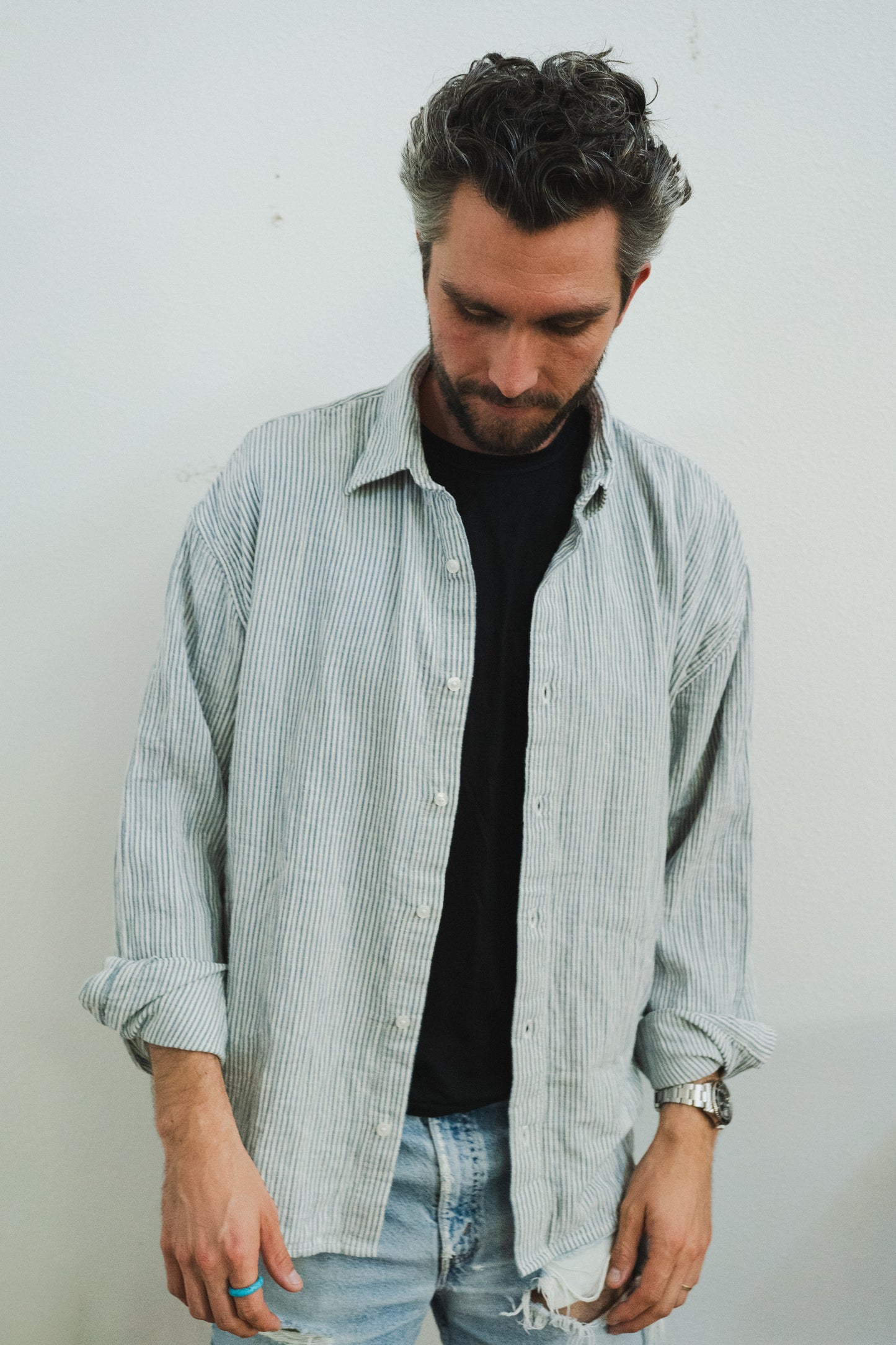 Striped Cotton Linen Button-Up Shirt