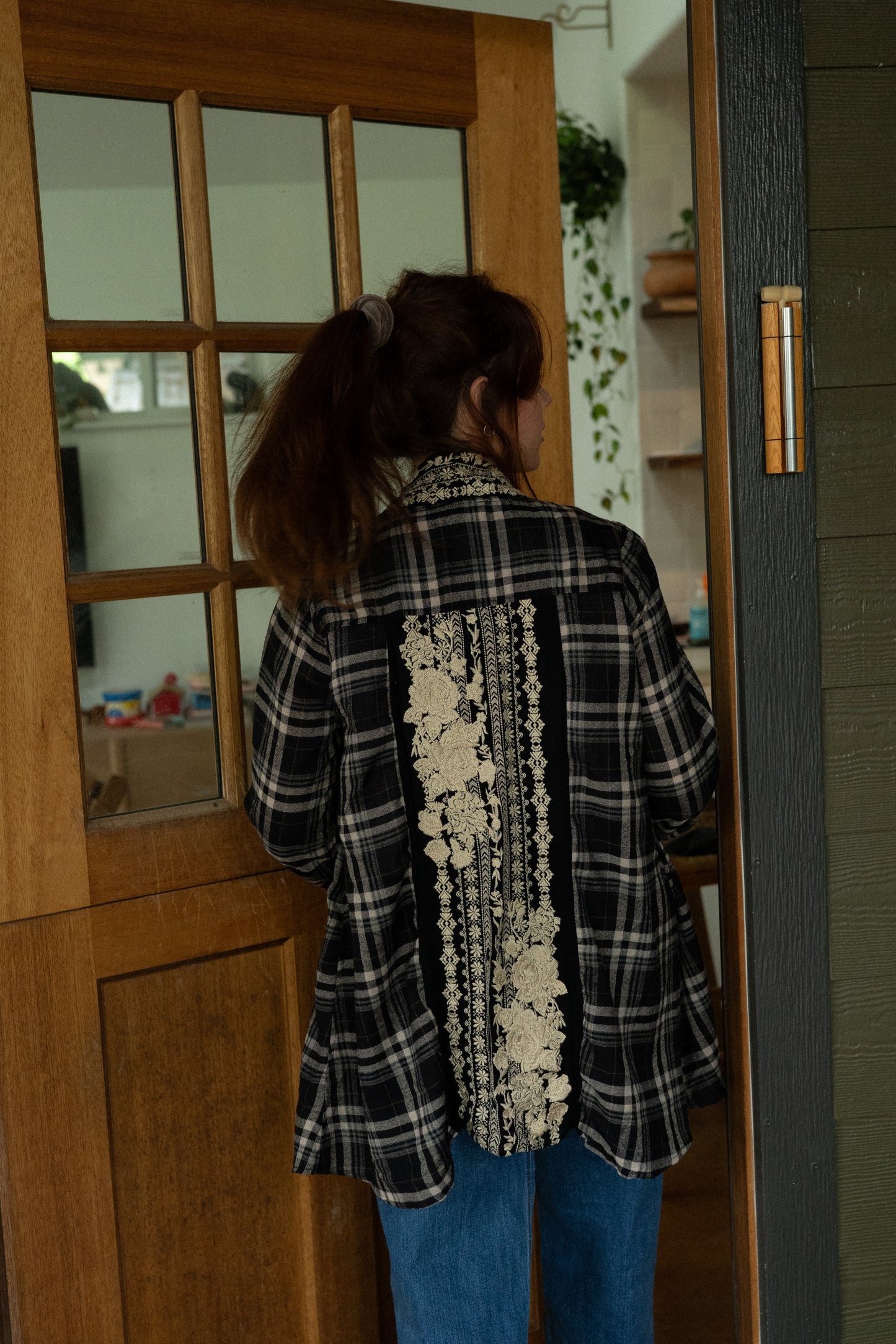 Vintage Plaid Cotton Shirt with Embroidered Back Panel