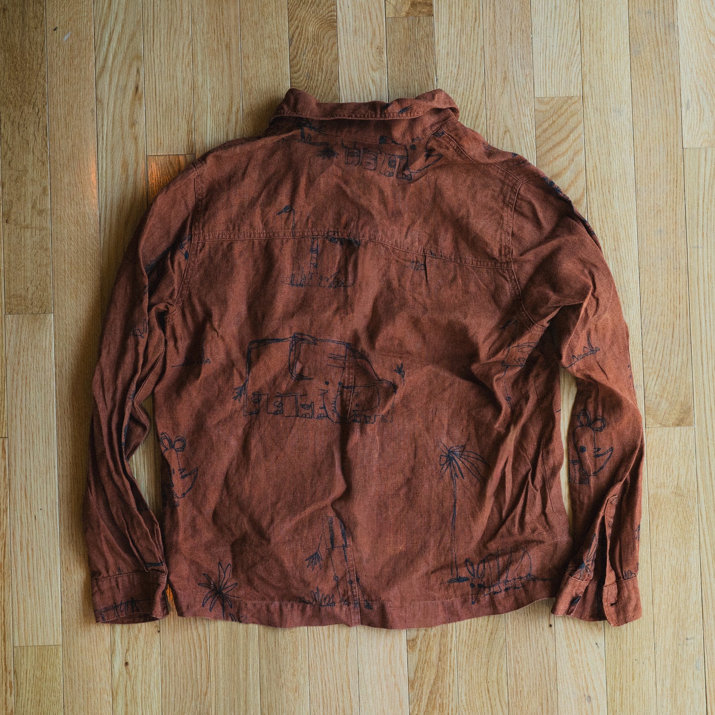 Vintage Rust Linen Animal Sketch Shirt