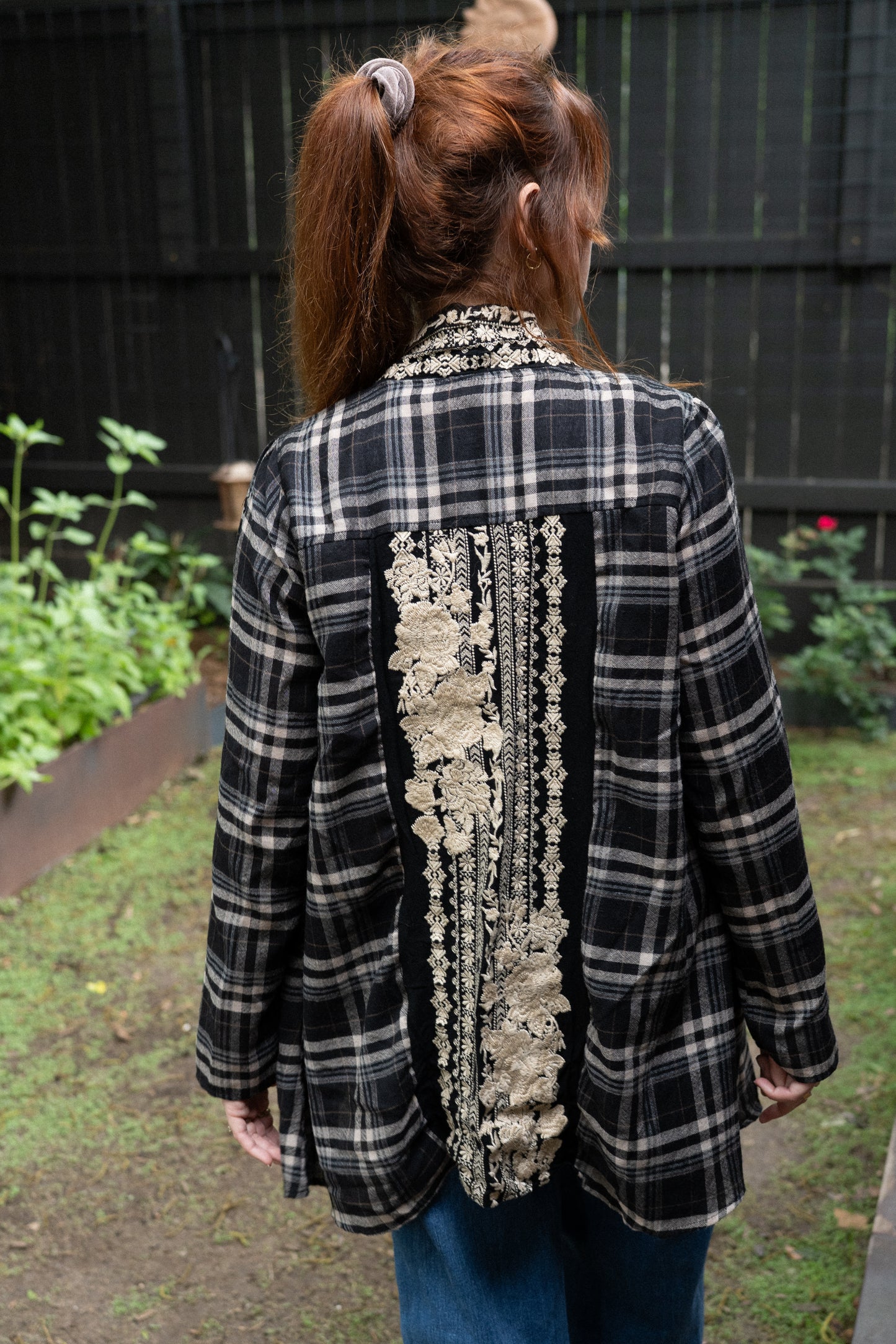 Vintage Plaid Cotton Shirt with Embroidered Back Panel