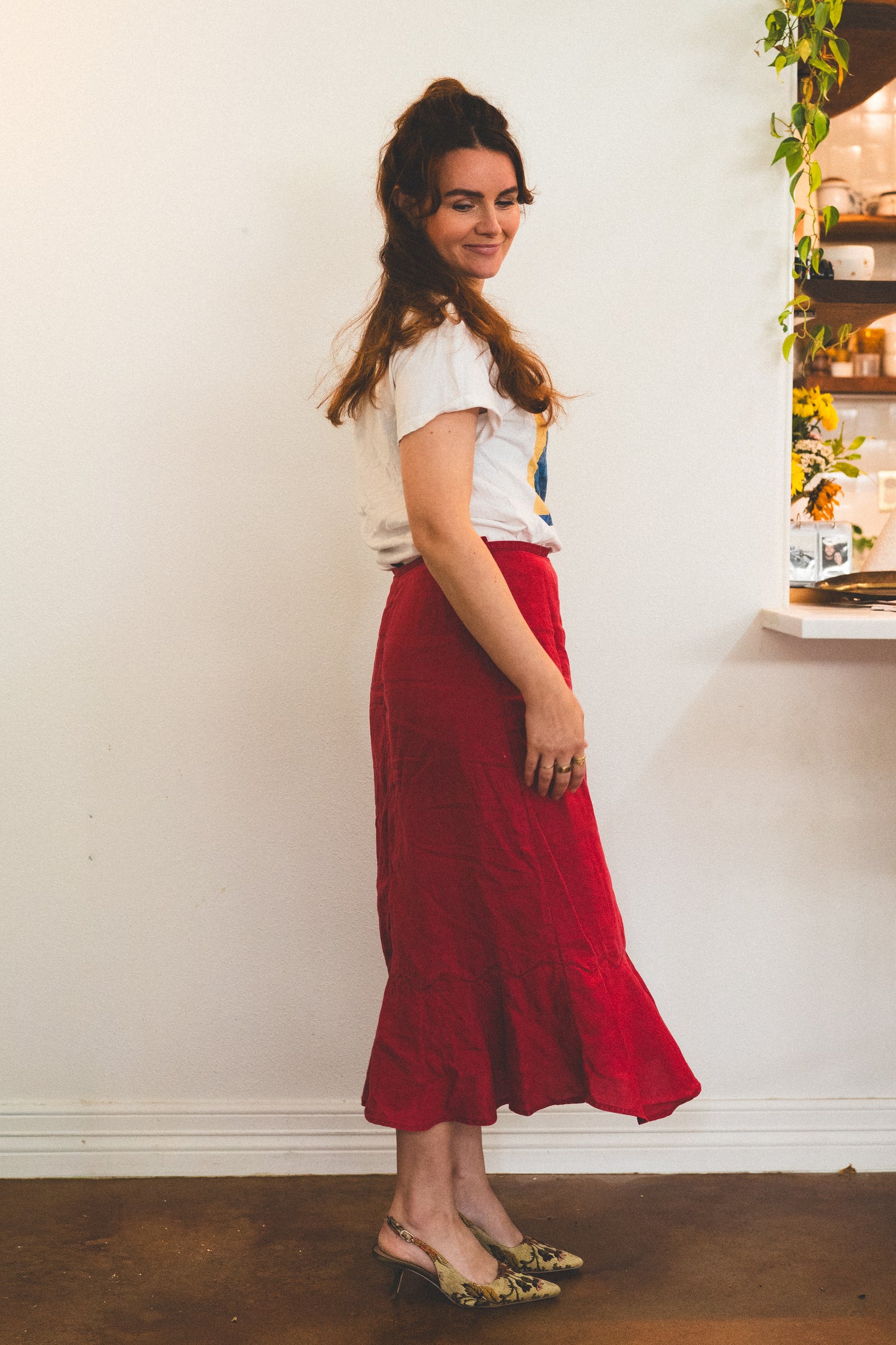 Red Linen Flounce Hem Skirt
