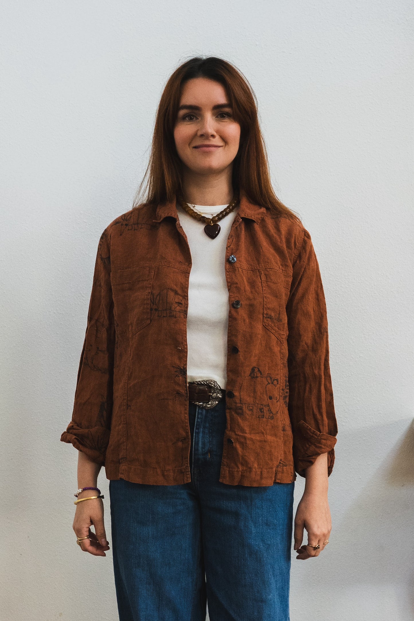 Vintage Rust Linen Animal Sketch Shirt