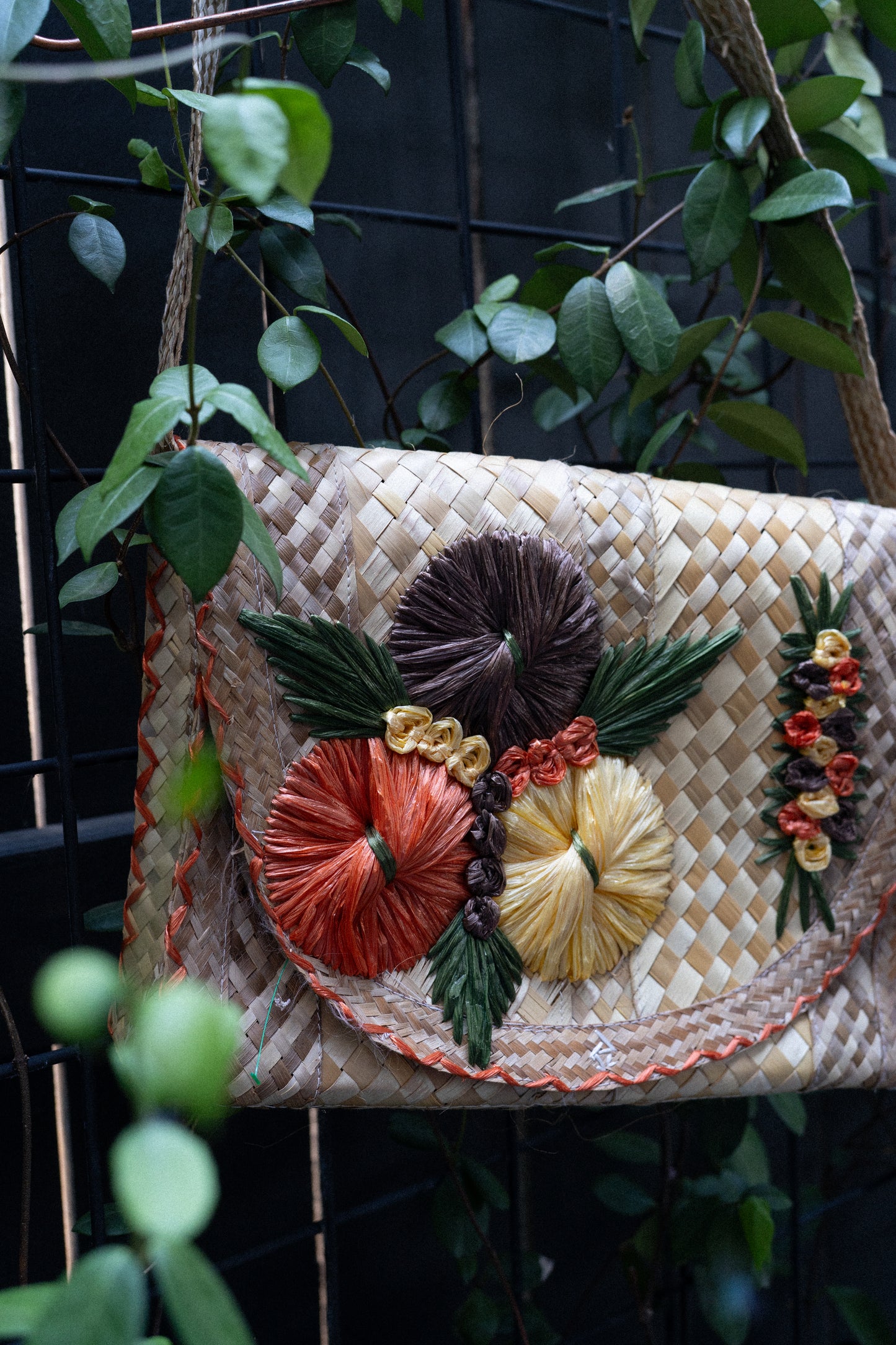 Embroidered Woven Straw Shoulder Bag