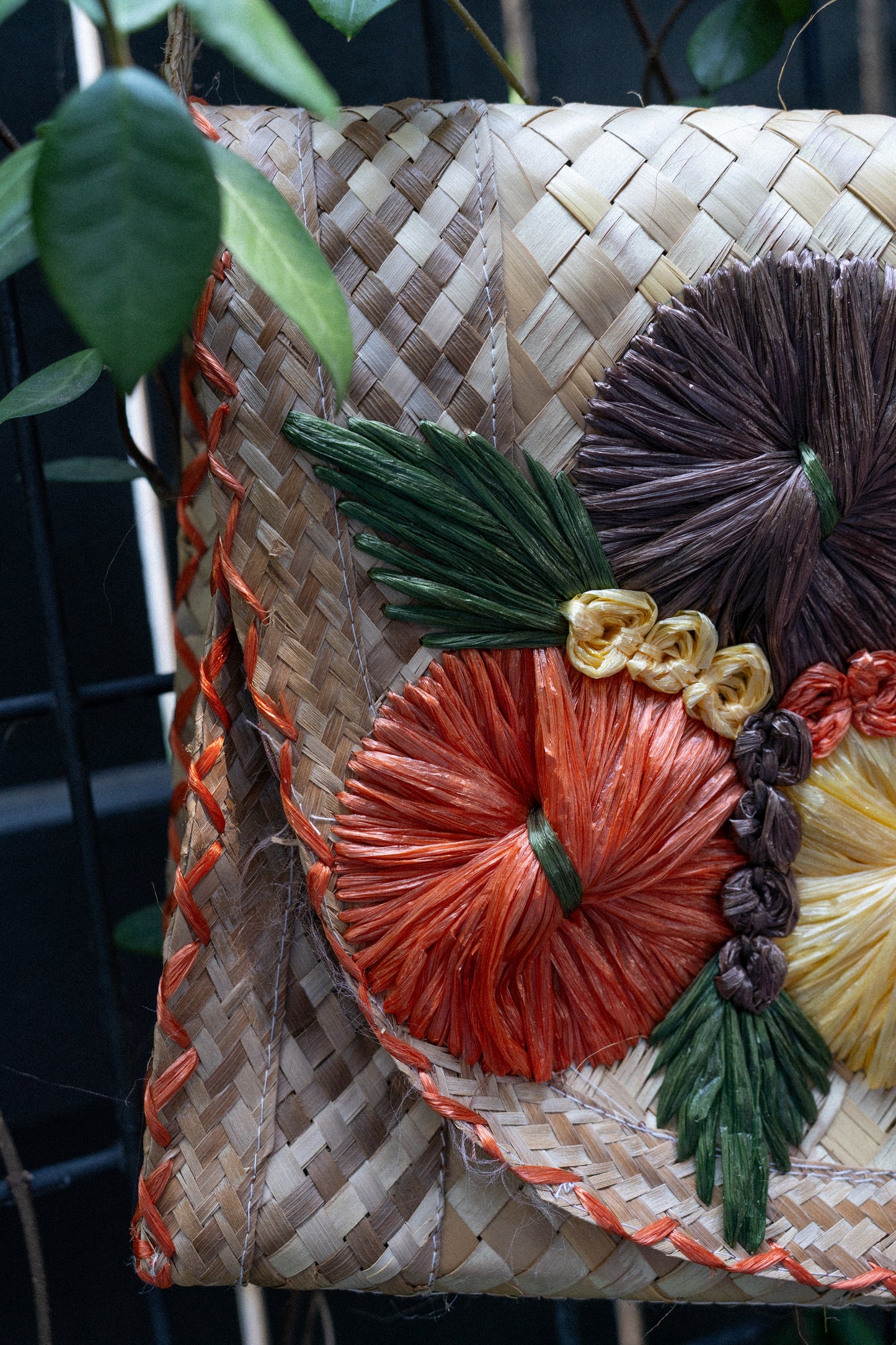 Embroidered Woven Straw Shoulder Bag