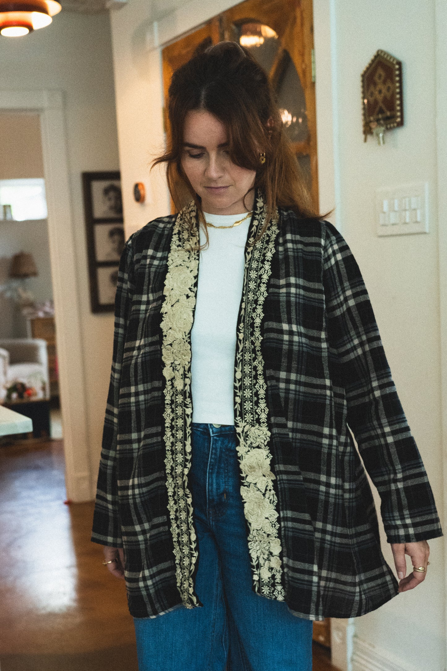 Vintage Plaid Cotton Shirt with Embroidered Back Panel