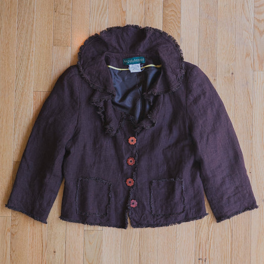 Chocolate Linen Ruffle Collar Jacket