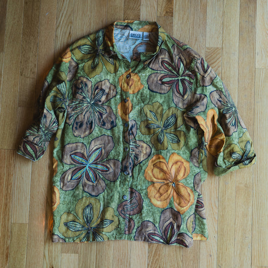 Olive Floral Linen Shirt
