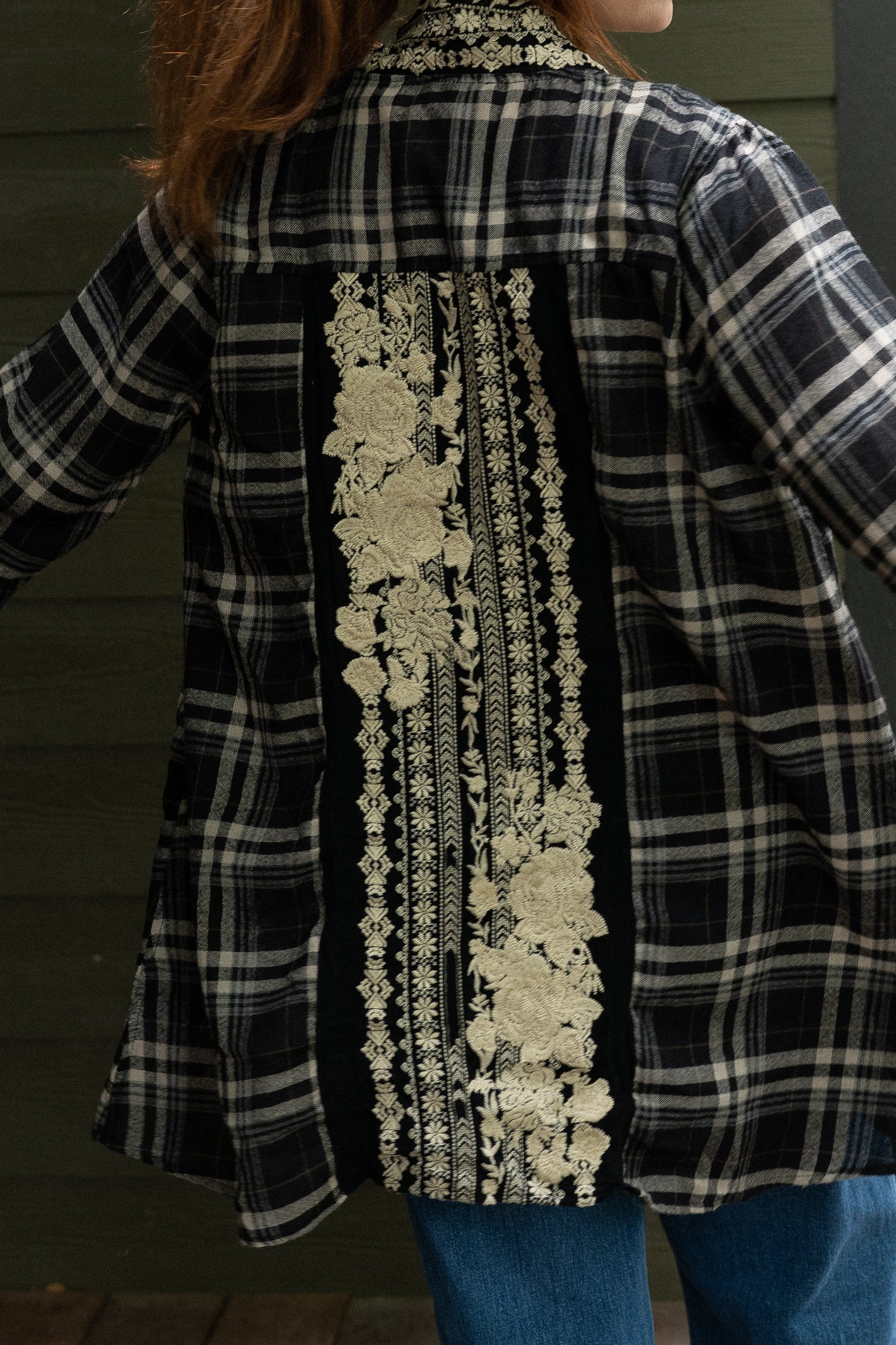 Vintage Plaid Cotton Shirt with Embroidered Back Panel