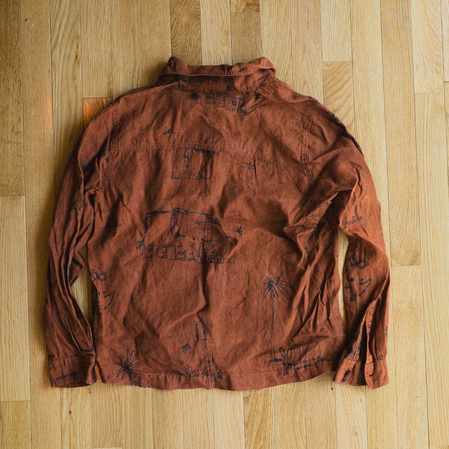 Vintage Rust Linen Animal Sketch Shirt