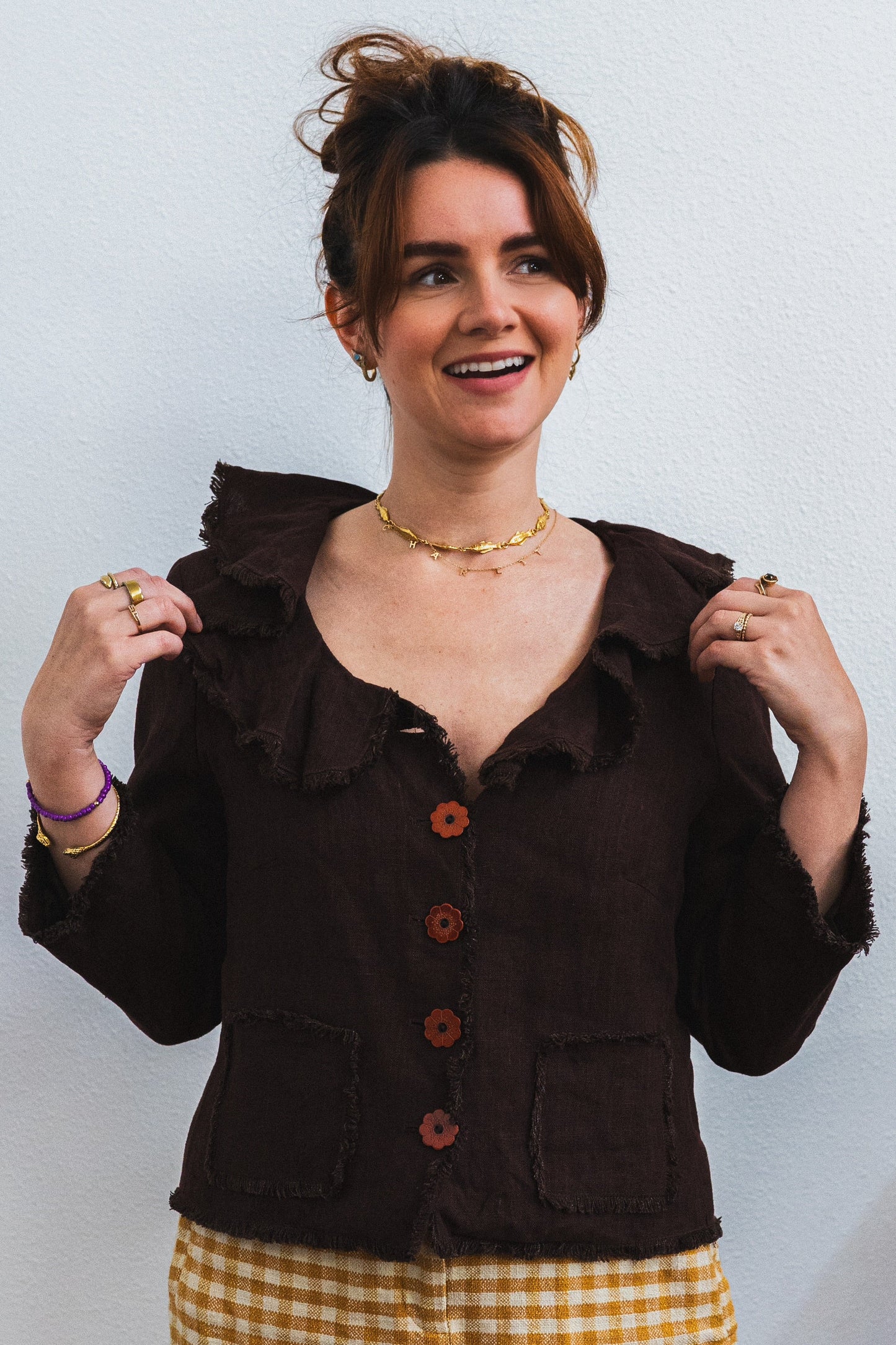 Chocolate Linen Ruffle Collar Jacket