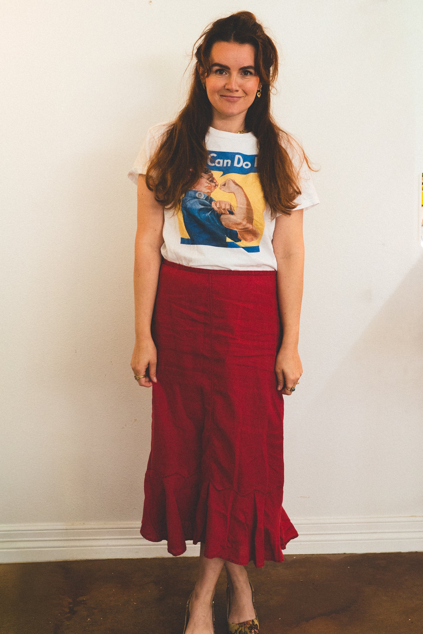 Red Linen Flounce Hem Skirt