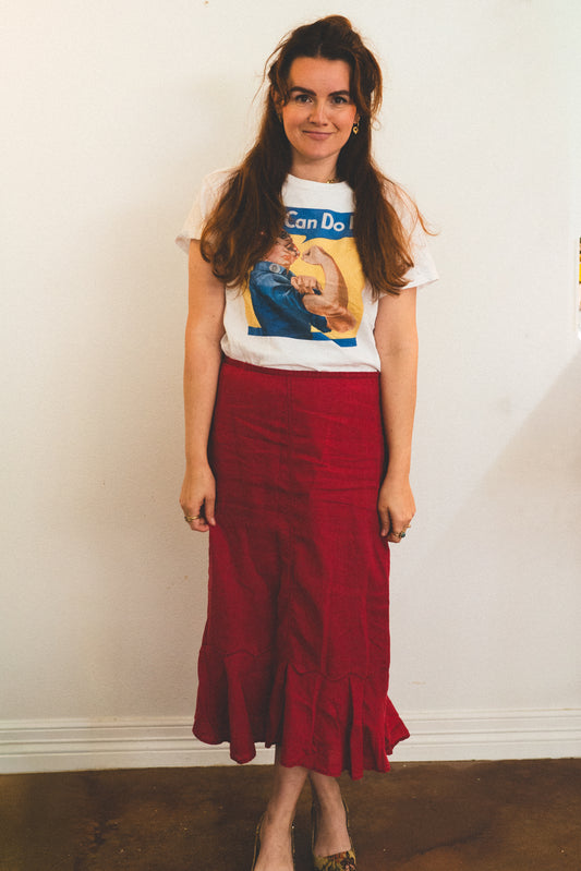 Red Linen Flounce Hem Skirt