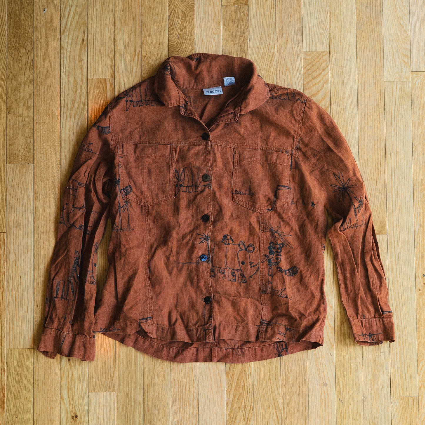 Vintage Rust Linen Animal Sketch Shirt