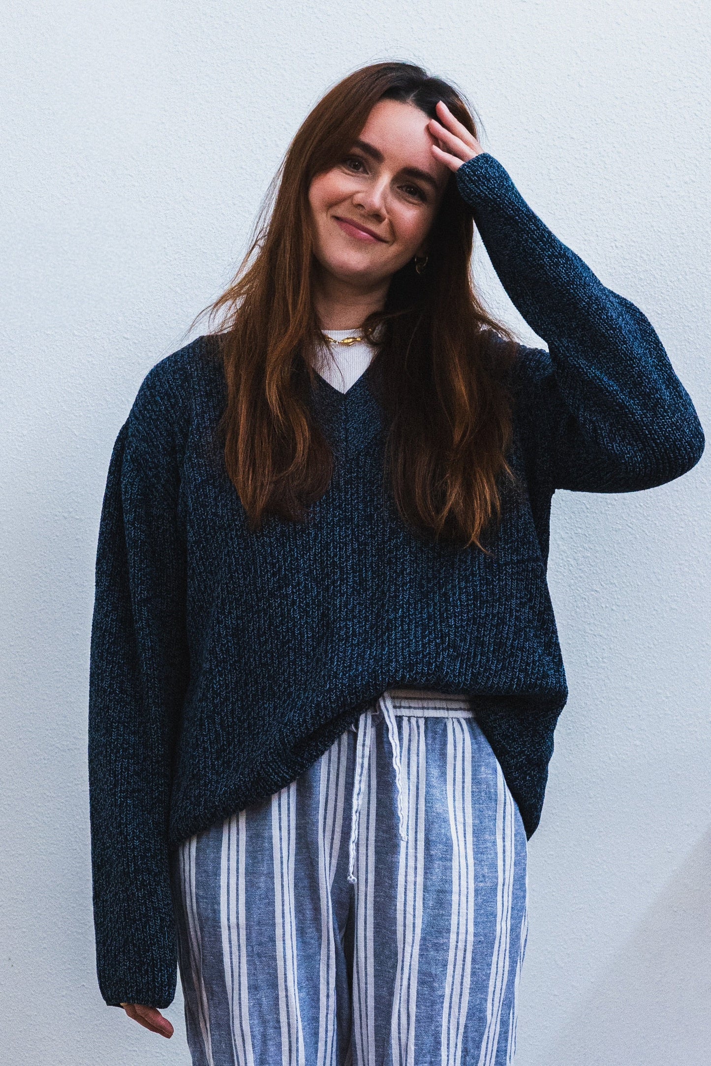 Teal Marled Knit V-Neck Sweater