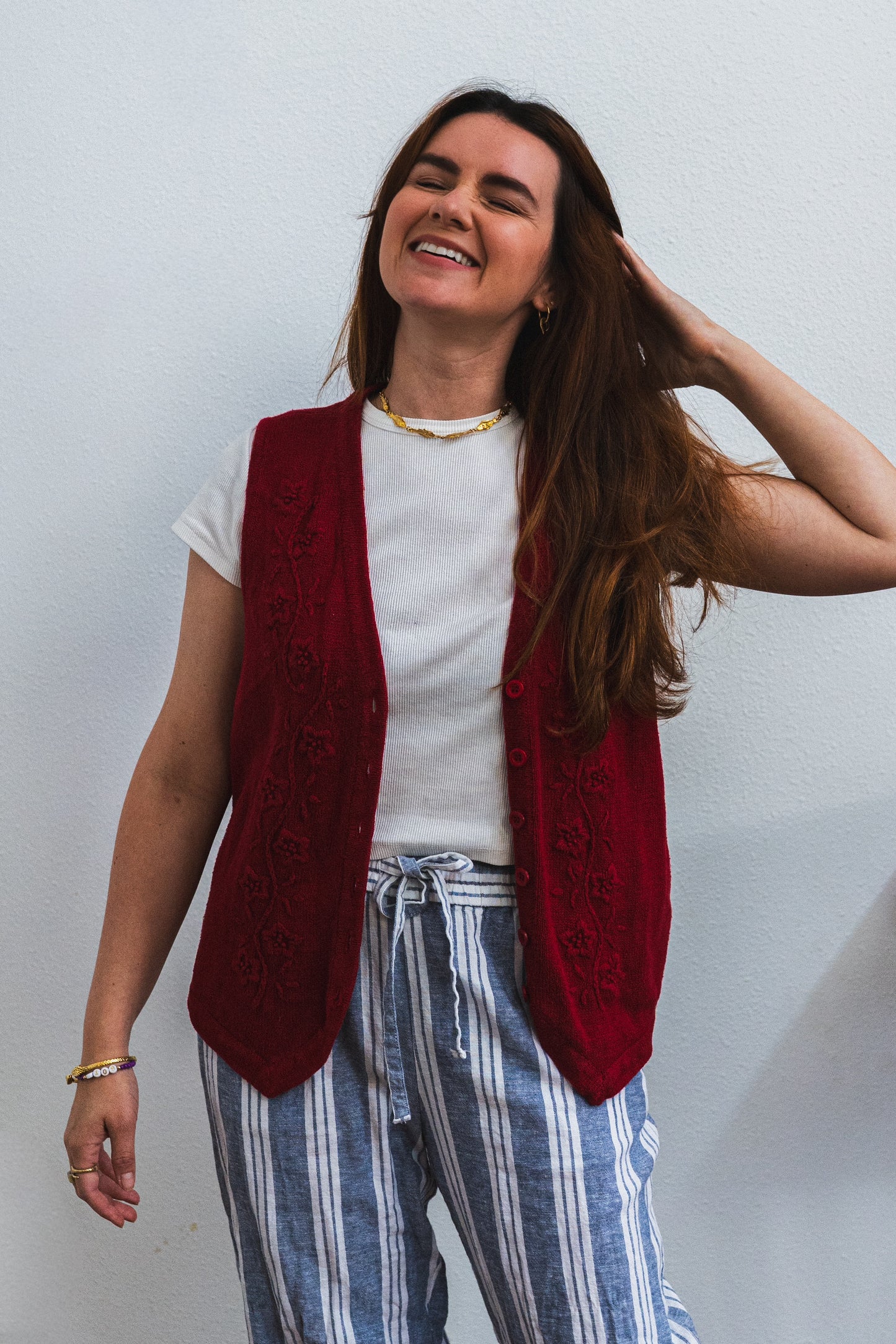 Vintage Red Embroidered Cotton Ramie Vest