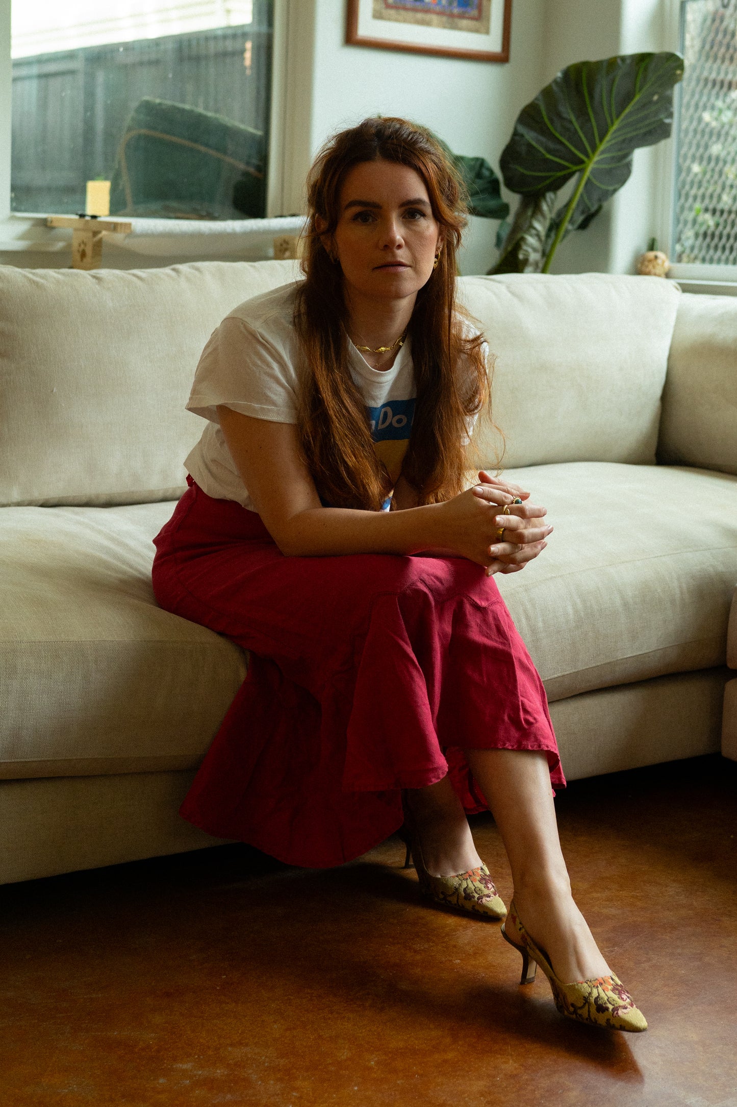 Red Linen Flounce Hem Skirt