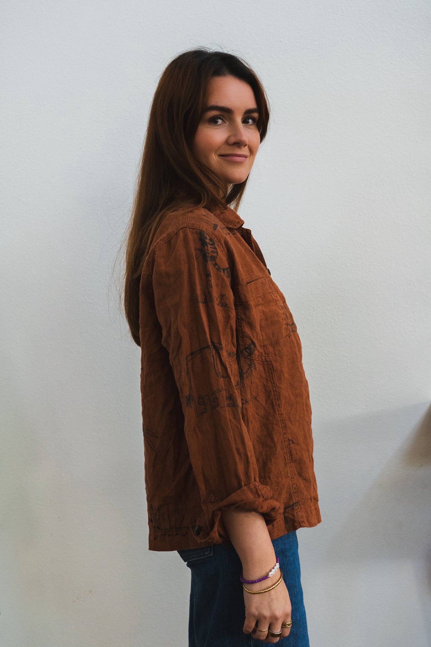 Vintage Rust Linen Animal Sketch Shirt