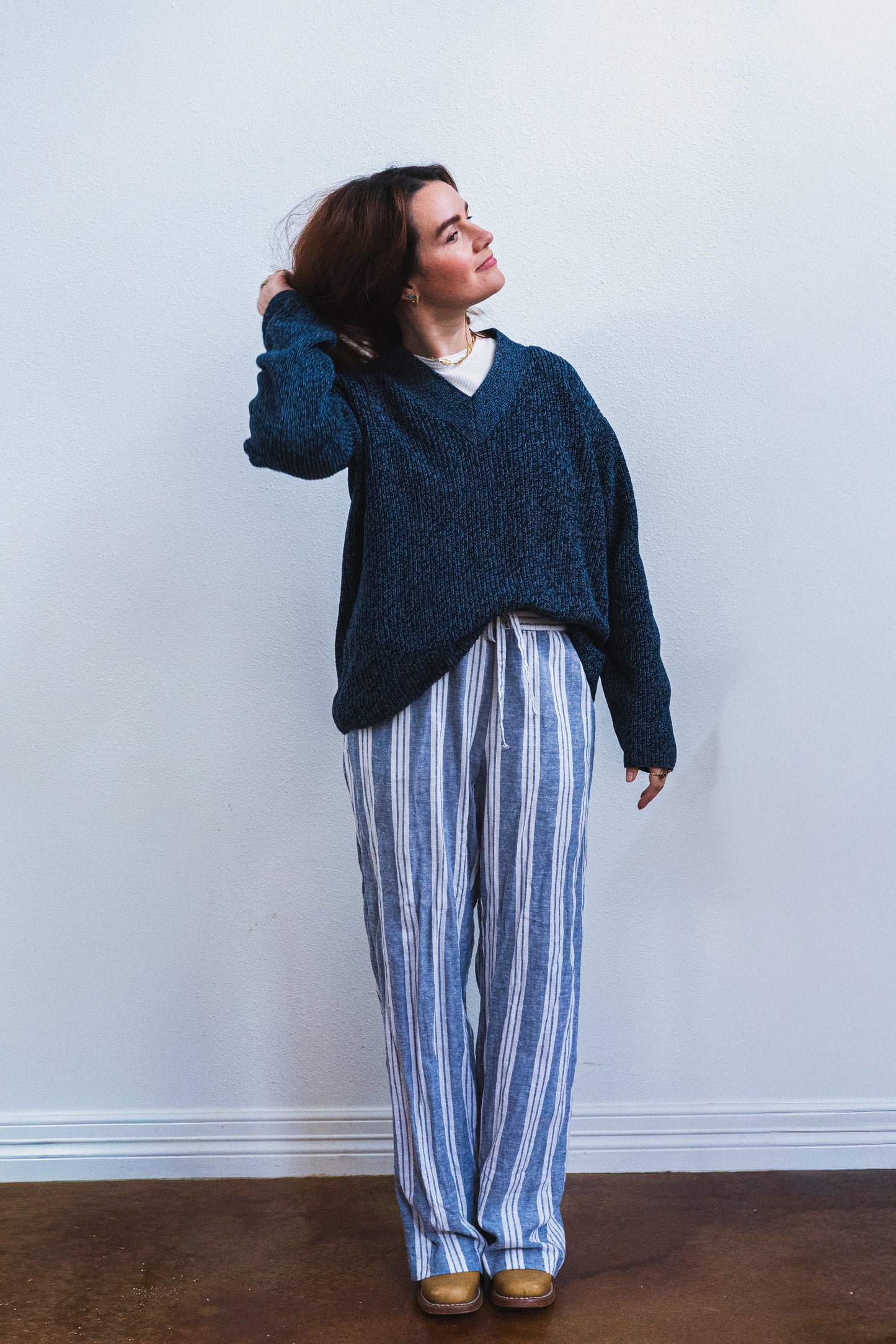 Teal Marled Knit V-Neck Sweater