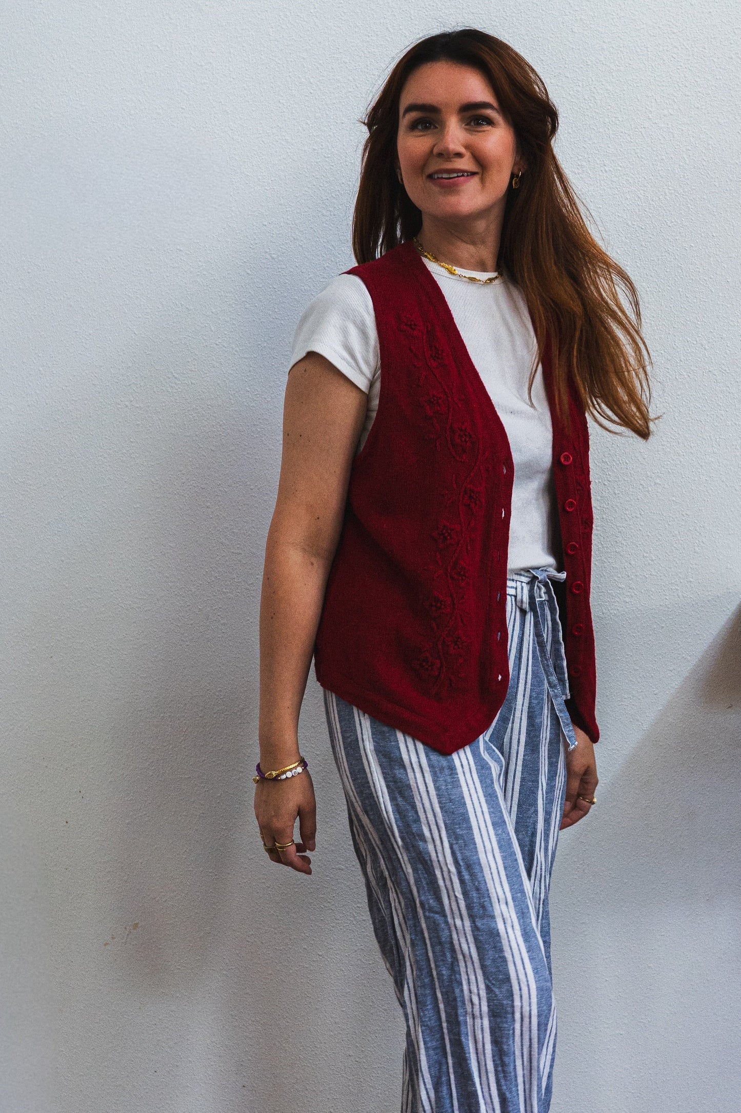 Vintage Red Embroidered Cotton Ramie Vest