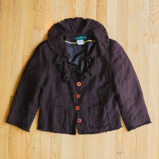 Chocolate Linen Ruffle Collar Jacket