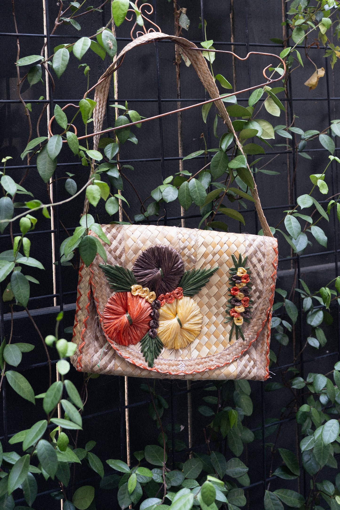 Embroidered Woven Straw Shoulder Bag